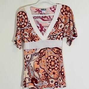 Y2K Babydoll Top Retro Floral Print Large White Red Peach Vintage Flowercore